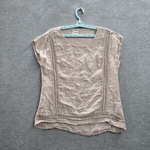 Alessia Pacini Women Blouse L Pink Cotton Linen Lace Crochet Round Neck Pullover